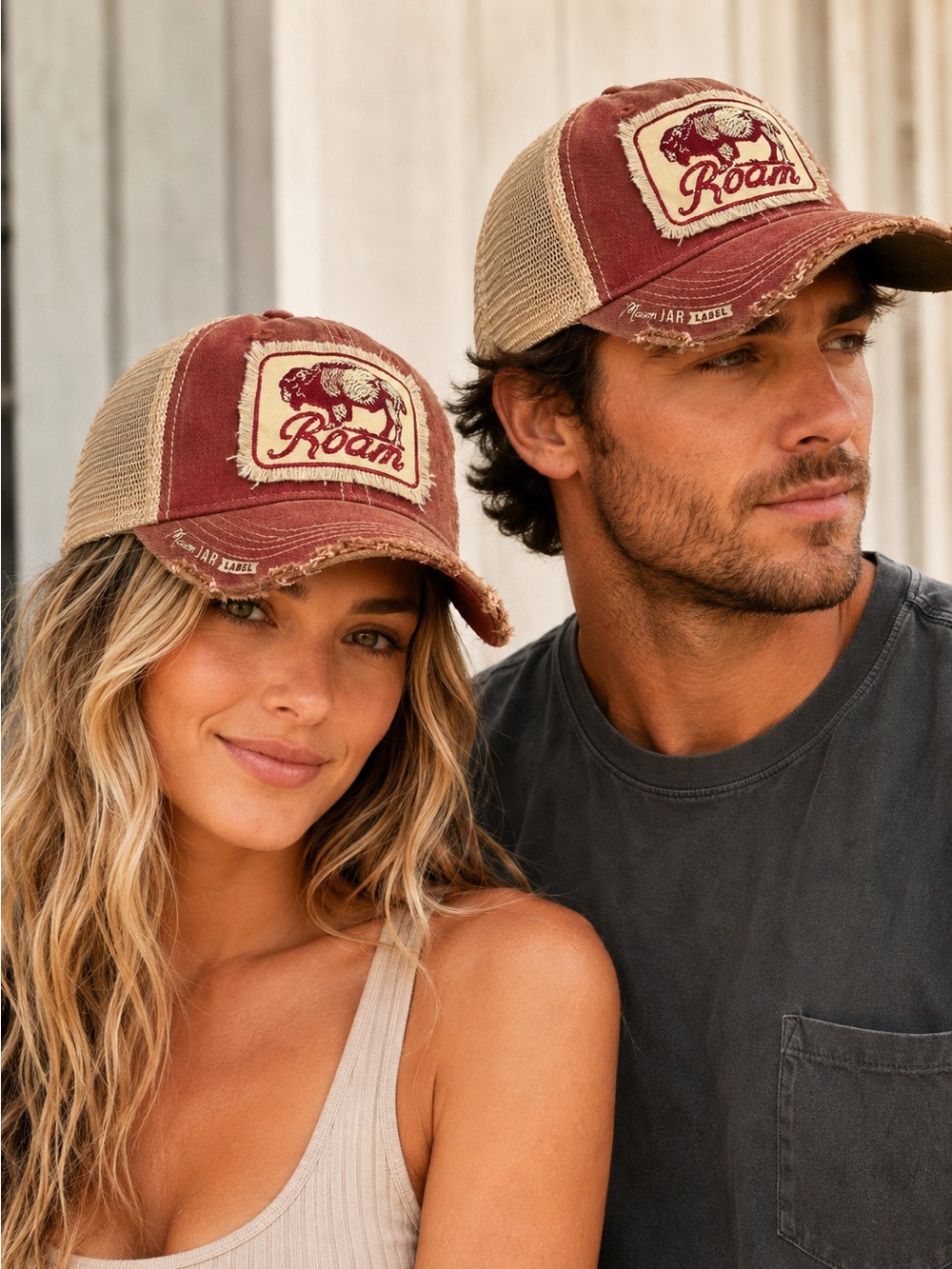 Mason Jar Label “Roam” Bison Unisex Vintage Distressed Trucker Hat NWOT